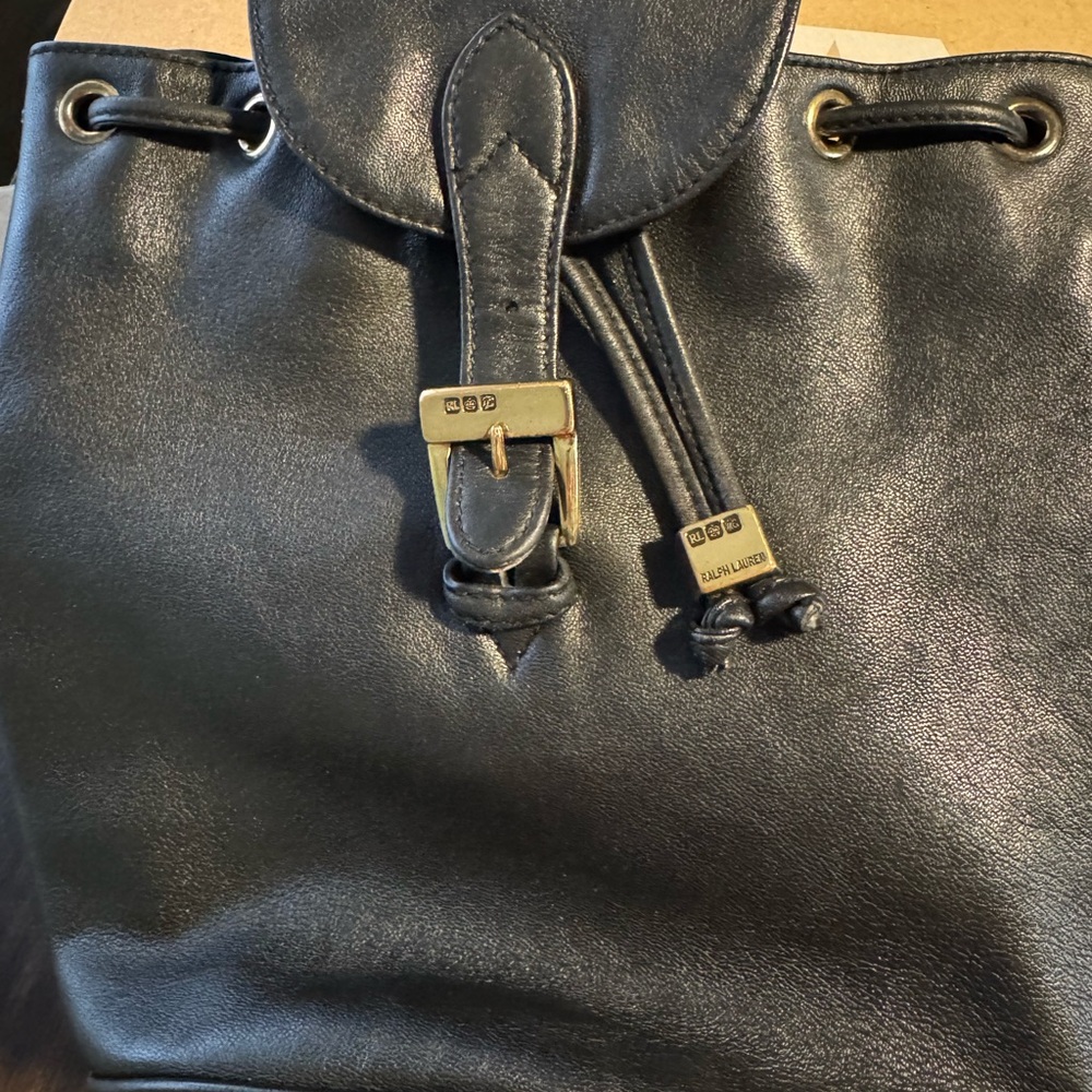 Ralph Lauren Black Leather Drawstring Backpack - Picture 8 of 14